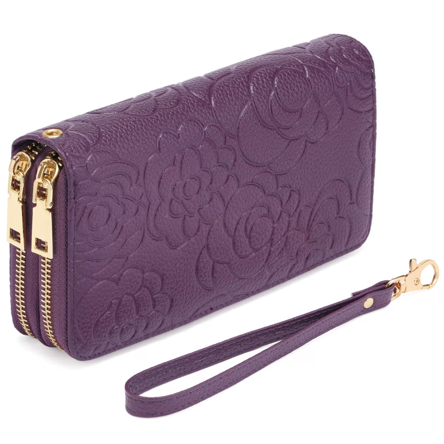 Embossed Floral Pattern Double Zipper Wallet Plum Purple / ONESIZE Apparel and Accessories
