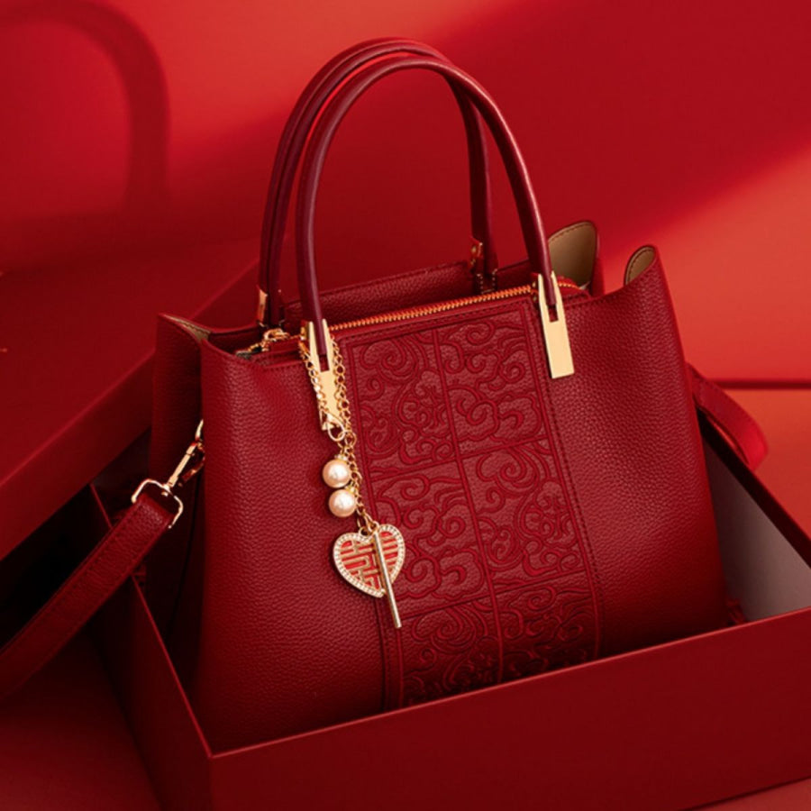 Embossed Leather Top Handle Handbag Red / ONESIZE Apparel and Accessories