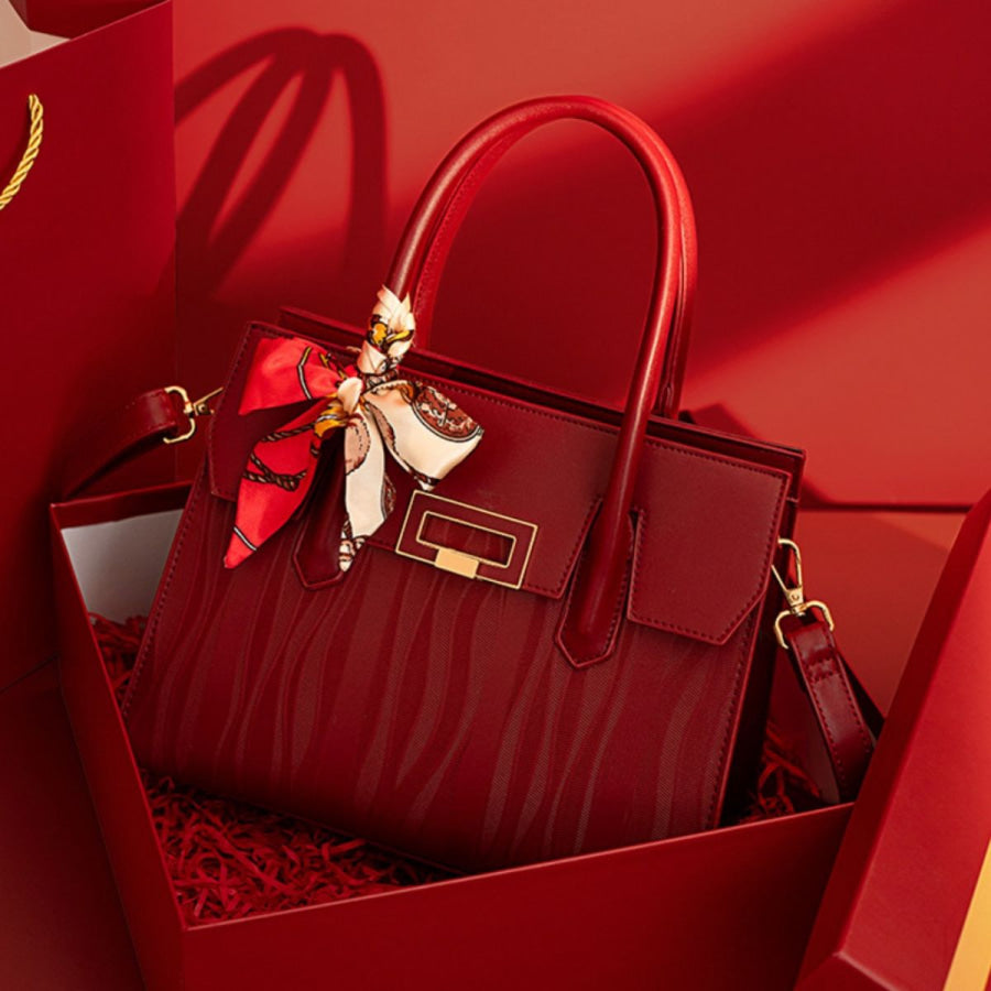 Embossed Leather Top Handle Handbag Red / ONESIZE Apparel and Accessories