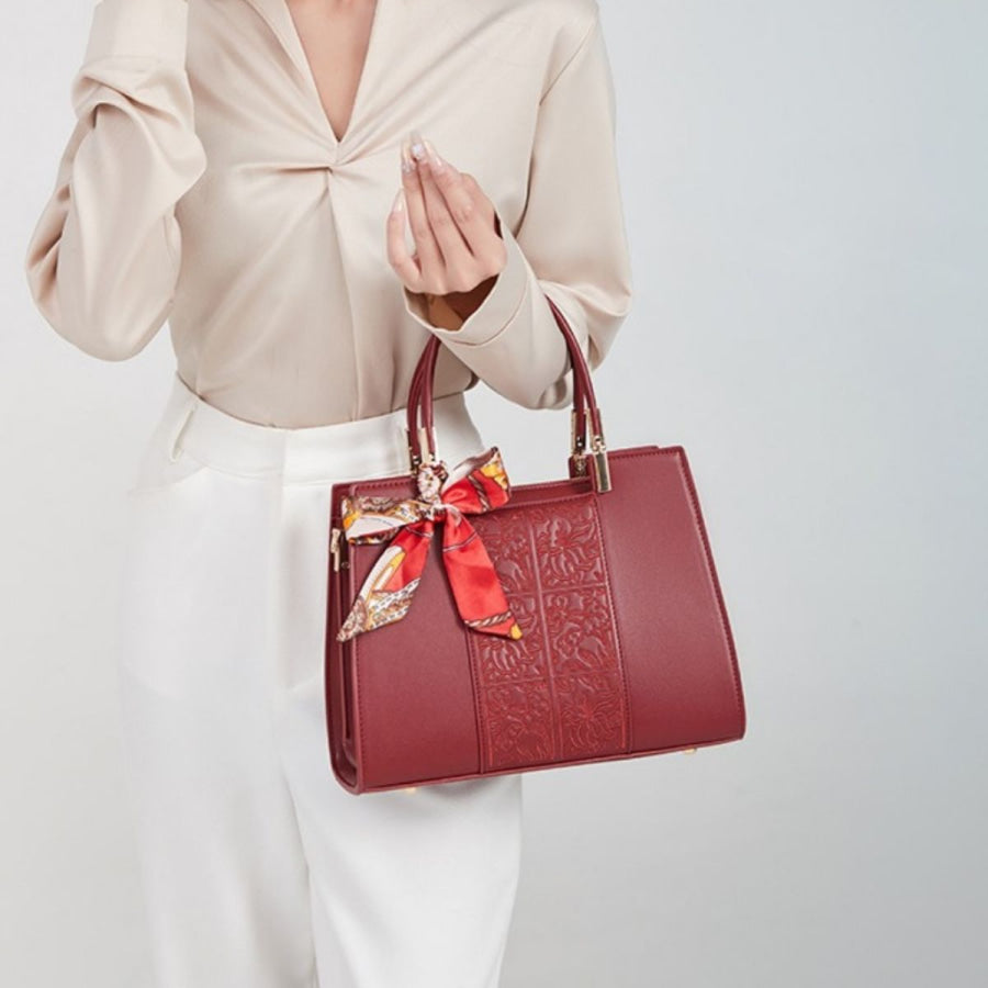 Embossed Leather Top Handle Handbag Red / ONESIZE Apparel and Accessories