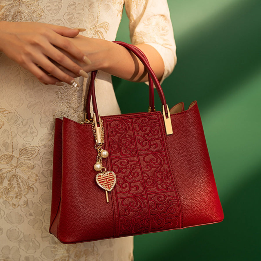 Embossed Leather Top Handle Handbag Red / ONESIZE Apparel and Accessories