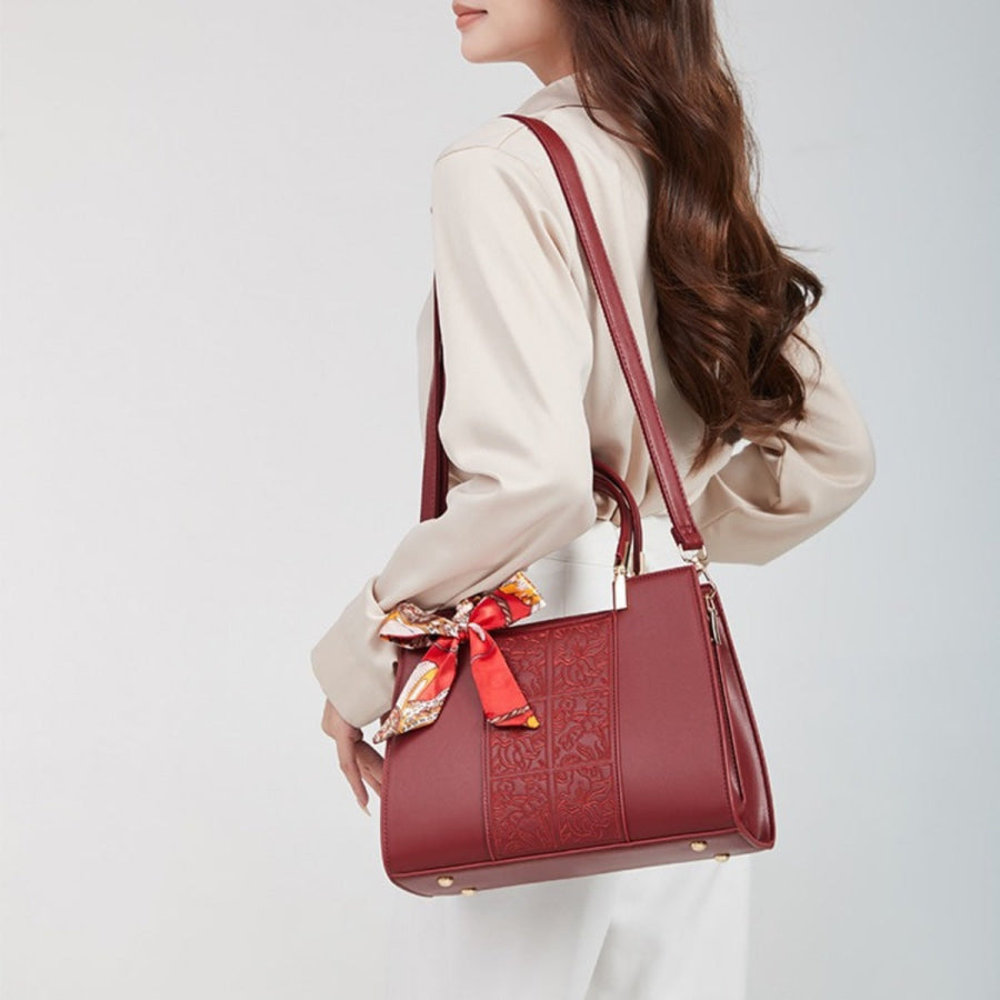Embossed Leather Top Handle Handbag Red / ONESIZE Apparel and Accessories