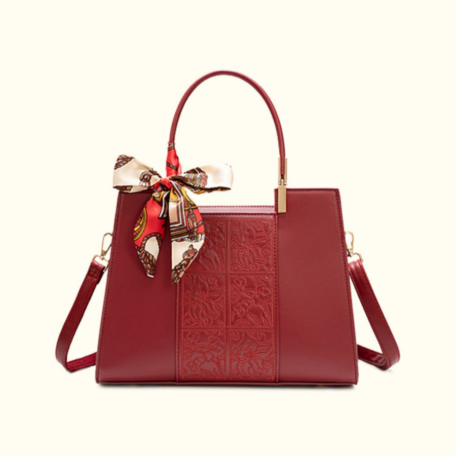 Embossed Leather Top Handle Handbag Red / ONESIZE Apparel and Accessories