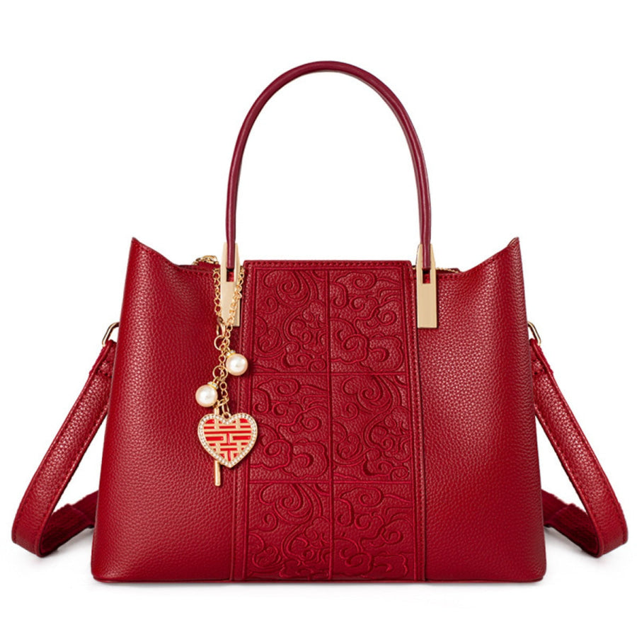 Embossed Leather Top Handle Handbag Red / ONESIZE Apparel and Accessories