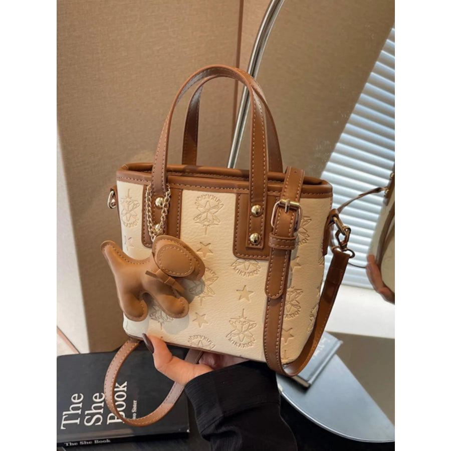 Embossed Pattern Dog Charm Crossbody Bag Beige / One Size Apparel and Accessories