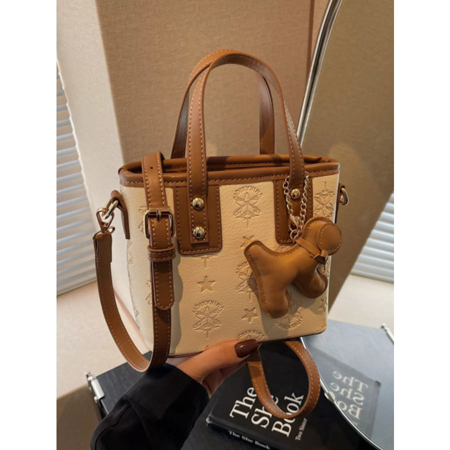 Embossed Pattern Dog Charm Crossbody Bag Beige / One Size Apparel and Accessories