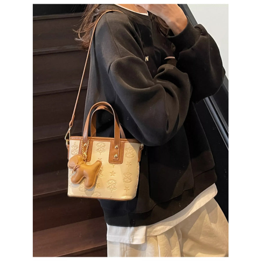 Embossed Pattern Dog Charm Crossbody Bag Beige / One Size Apparel and Accessories