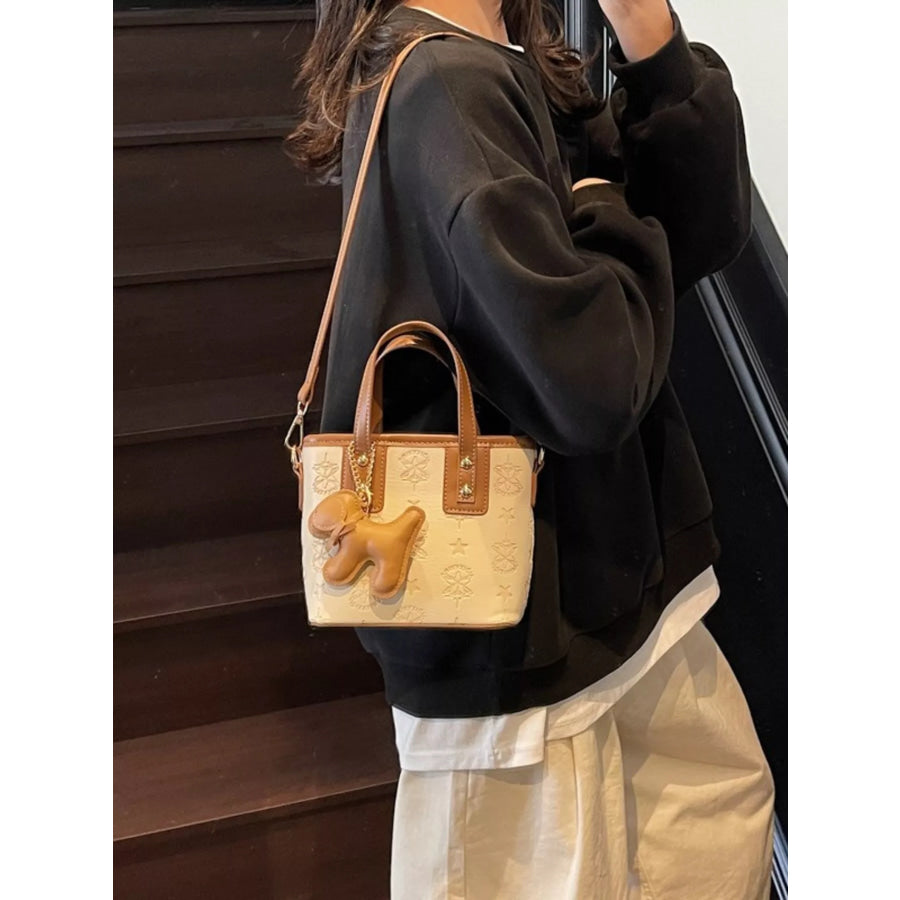 Embossed Pattern Dog Charm Crossbody Bag Beige / One Size Apparel and Accessories