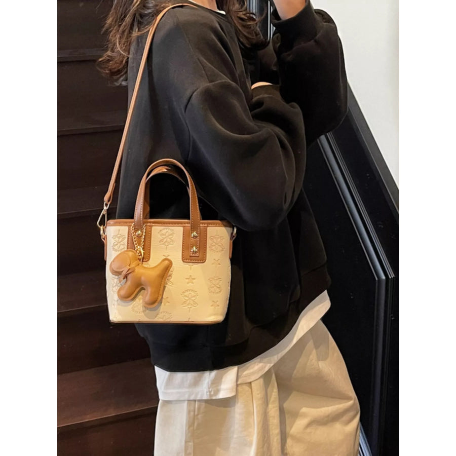 Embossed Pattern Dog Charm Crossbody Bag Beige / One Size Apparel and Accessories