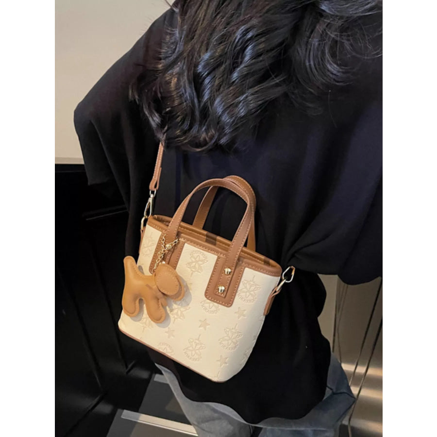 Embossed Pattern Dog Charm Crossbody Bag Beige / One Size Apparel and Accessories