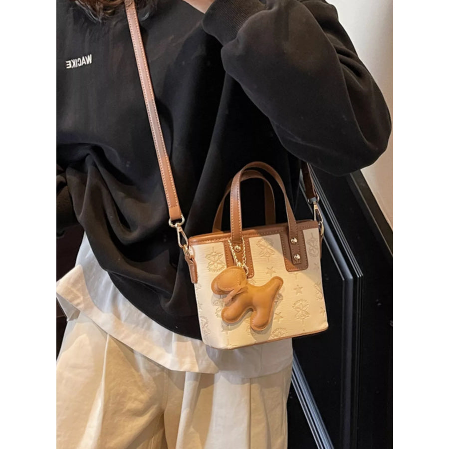 Embossed Pattern Dog Charm Crossbody Bag Beige / One Size Apparel and Accessories