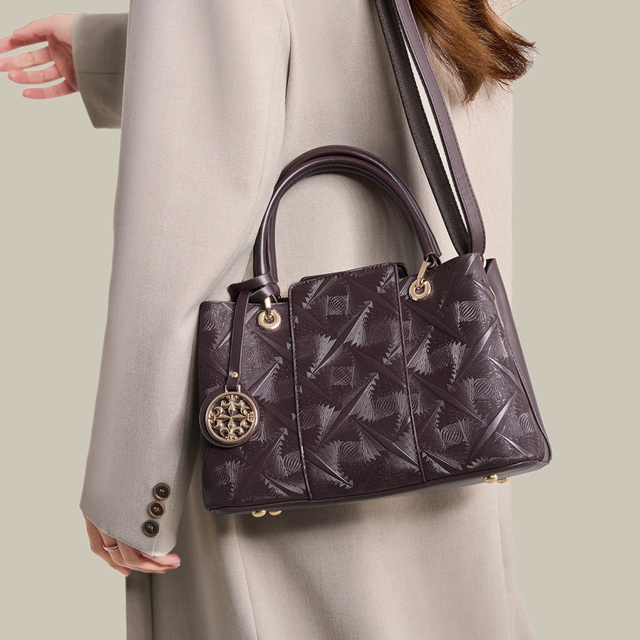 Embossed Pattern Leather Top Handle Handbag Olive Brown / One Size Apparel and Accessories