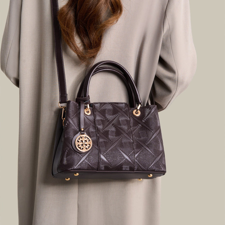 Embossed Pattern Leather Top Handle Handbag Olive Brown / One Size Apparel and Accessories