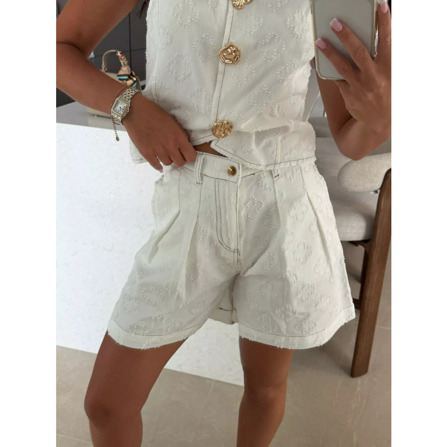 Embossed Vest and Shorts Denim Set with Gold-Tone Buttons Apparel and Accessories