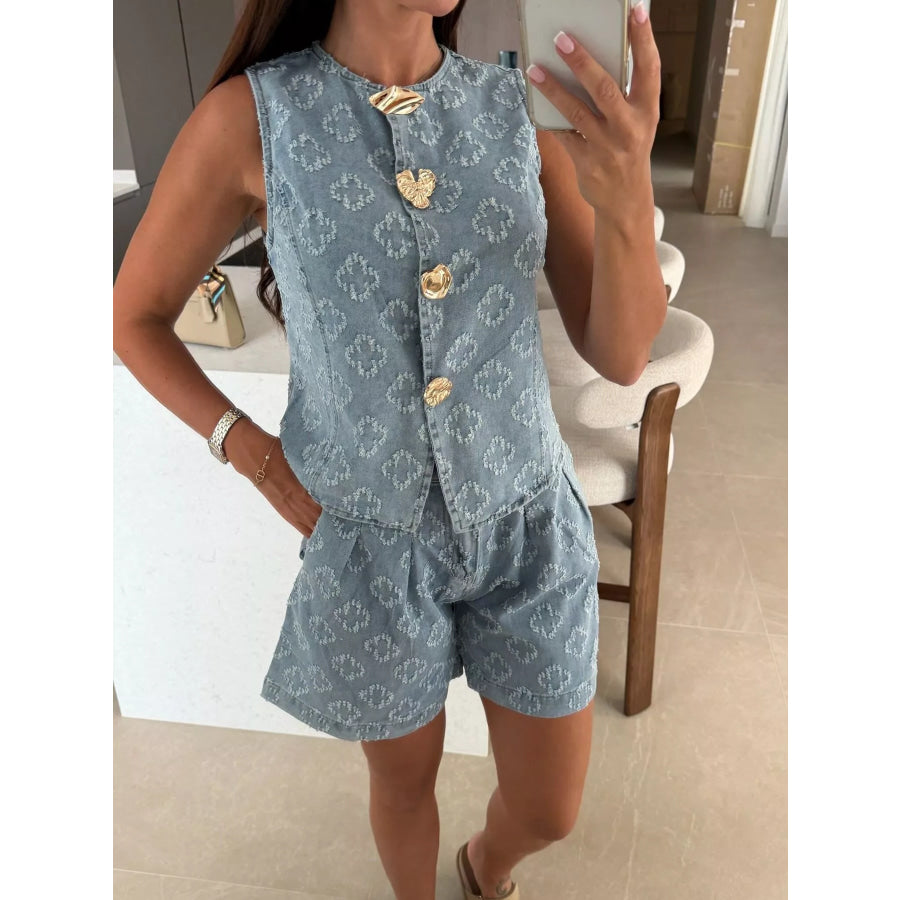 Embossed Vest and Shorts Denim Set with Gold-Tone Buttons Apparel and Accessories