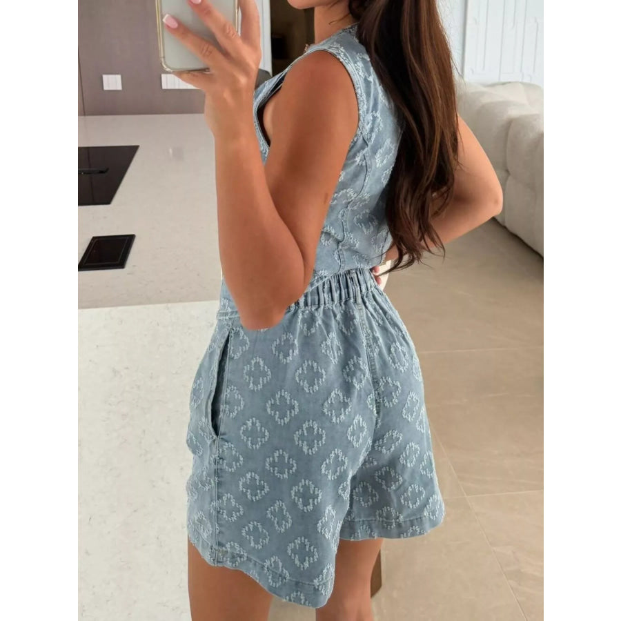 Embossed Vest and Shorts Denim Set with Gold-Tone Buttons Apparel and Accessories