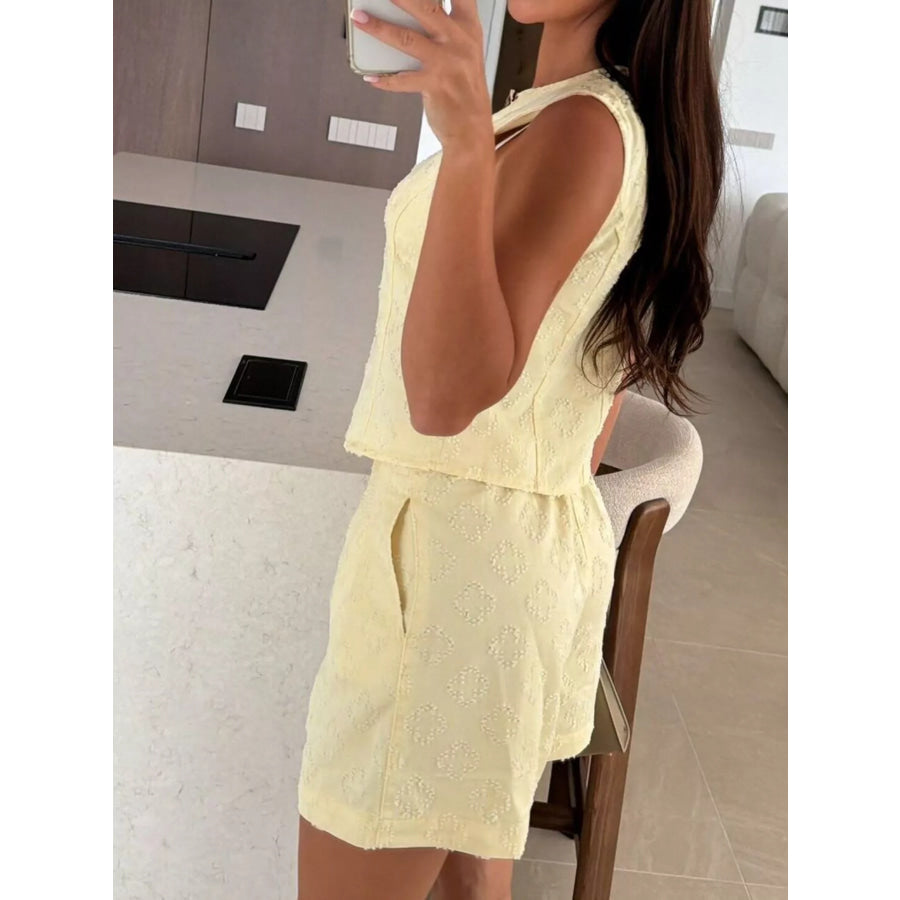 Embossed Vest and Shorts Denim Set with Gold-Tone Buttons Apparel and Accessories