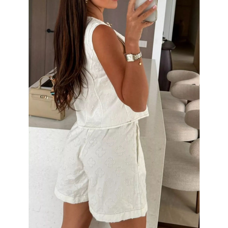 Embossed Vest and Shorts Denim Set with Gold-Tone Buttons Apparel and Accessories