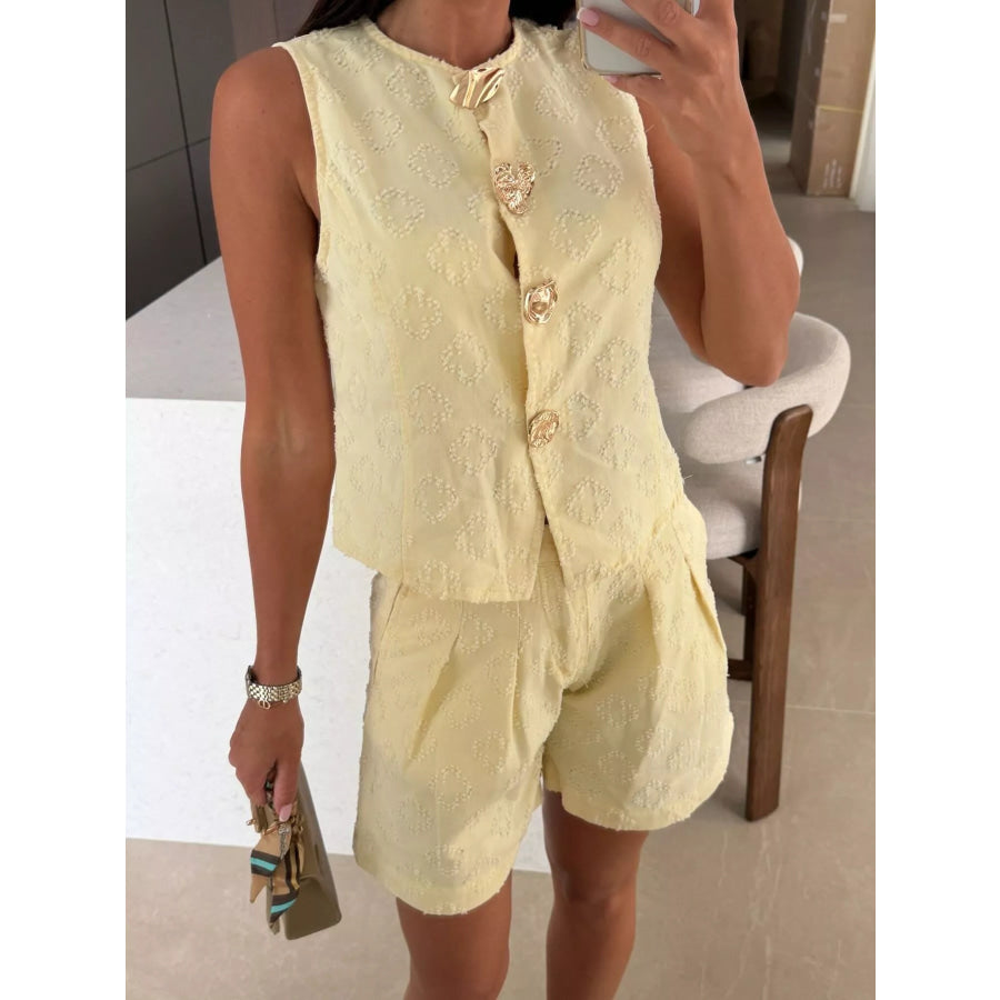Embossed Vest and Shorts Denim Set with Gold-Tone Buttons Apparel and Accessories