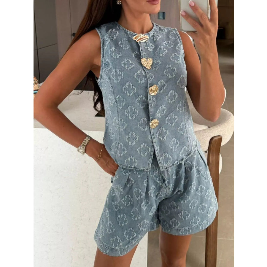 Embossed Vest and Shorts Denim Set with Gold-Tone Buttons Blue / S Apparel and Accessories