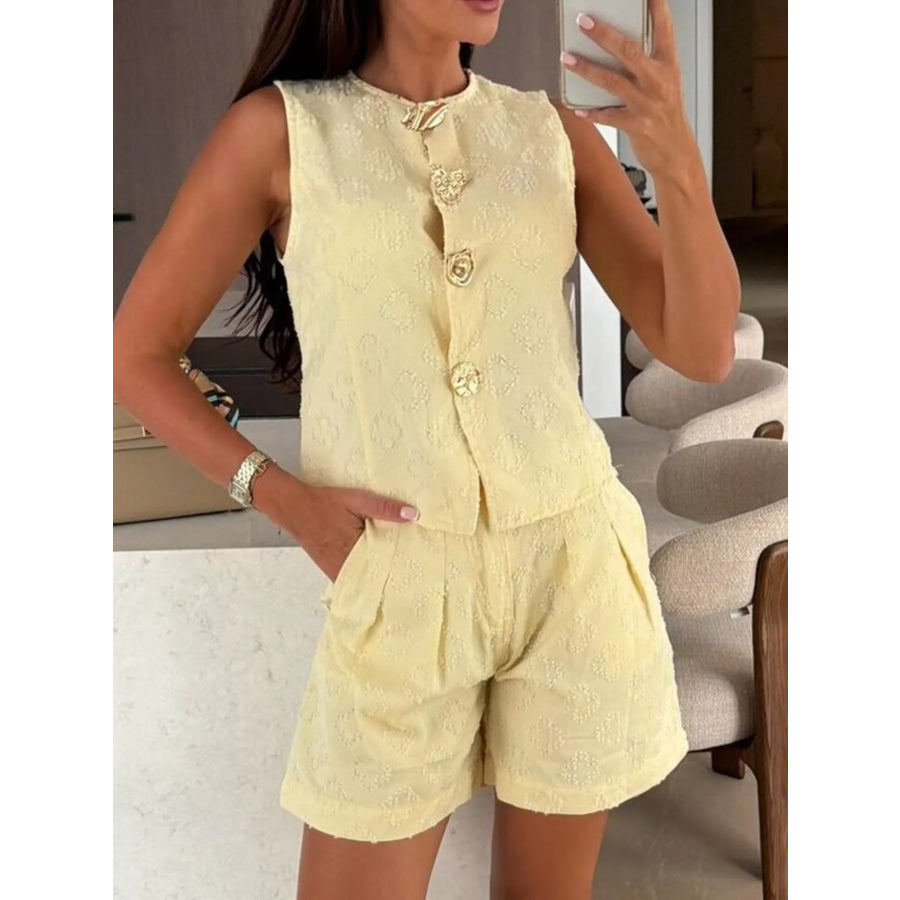 Embossed Vest and Shorts Denim Set with Gold-Tone Buttons Light Yellow / S Apparel and Accessories