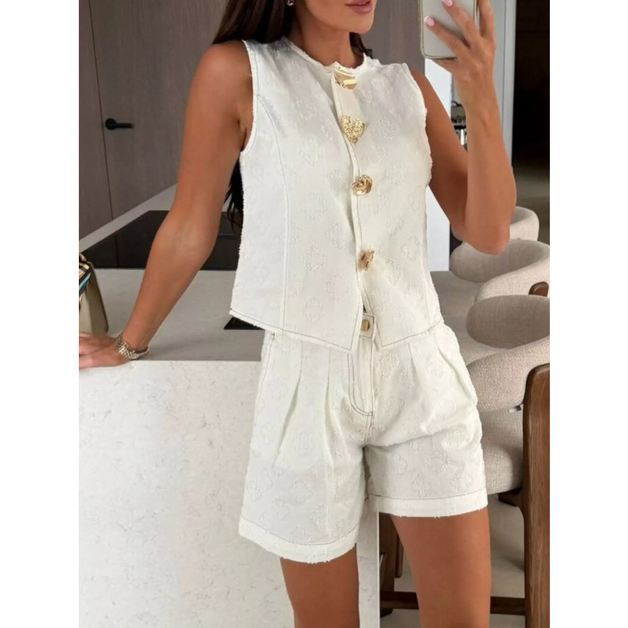 Embossed Vest and Shorts Denim Set with Gold-Tone Buttons White / S Apparel and Accessories