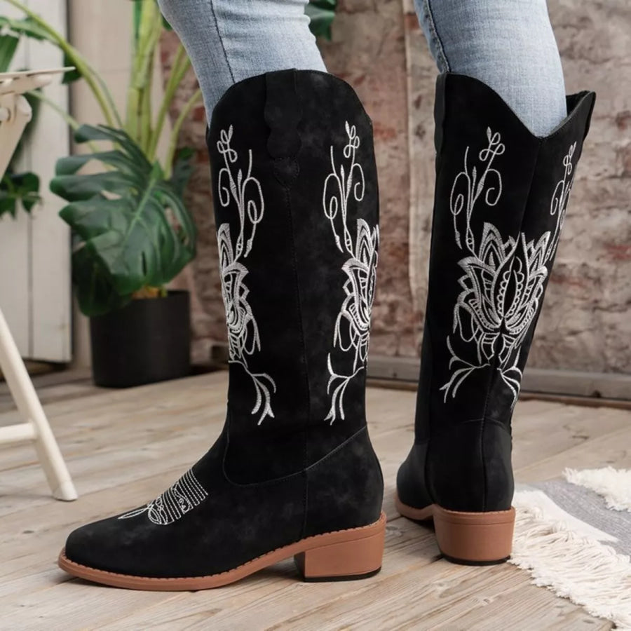 Embroidered Block Heels Boots Black / 36 Apparel and Accessories