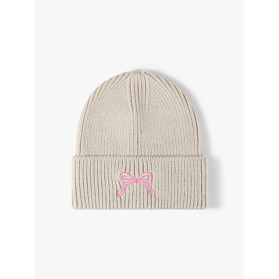 Embroidered Bow Knit Hat Beige / One Size Apparel and Accessories