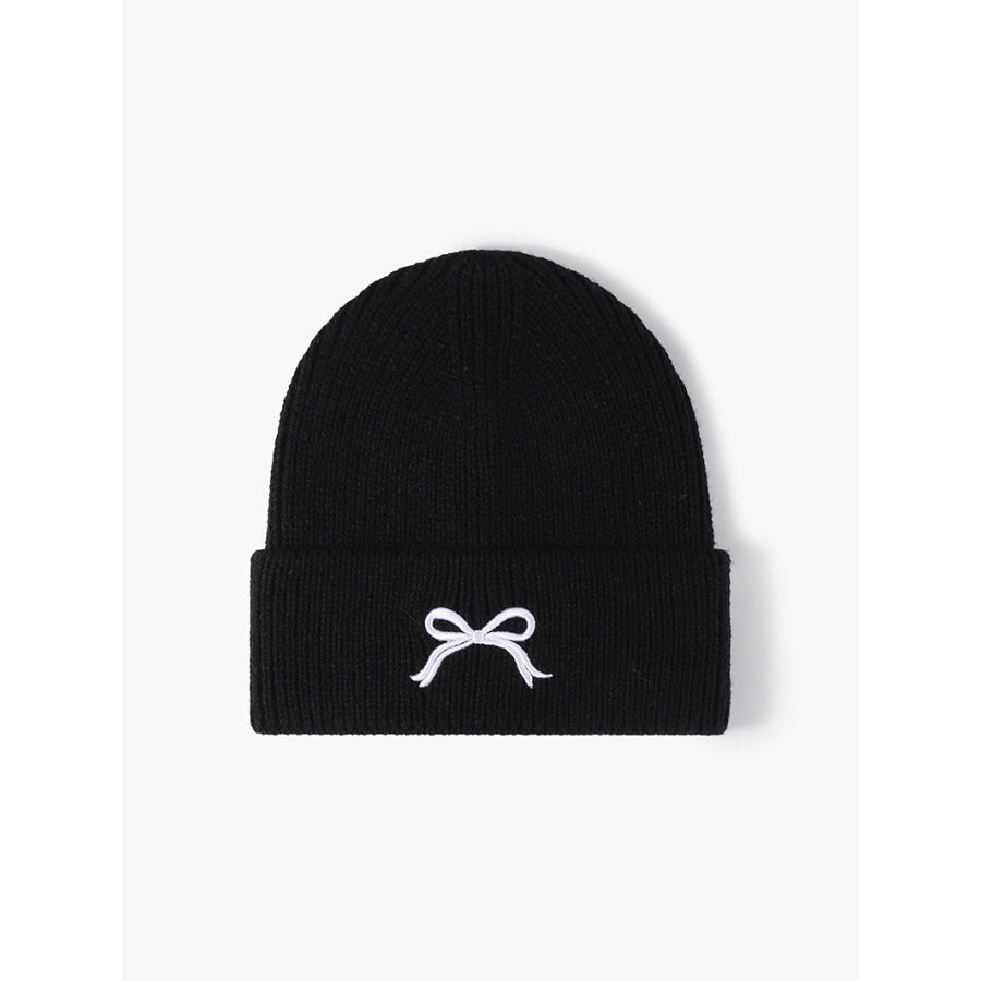 Embroidered Bow Knit Hat Black / One Size Apparel and Accessories