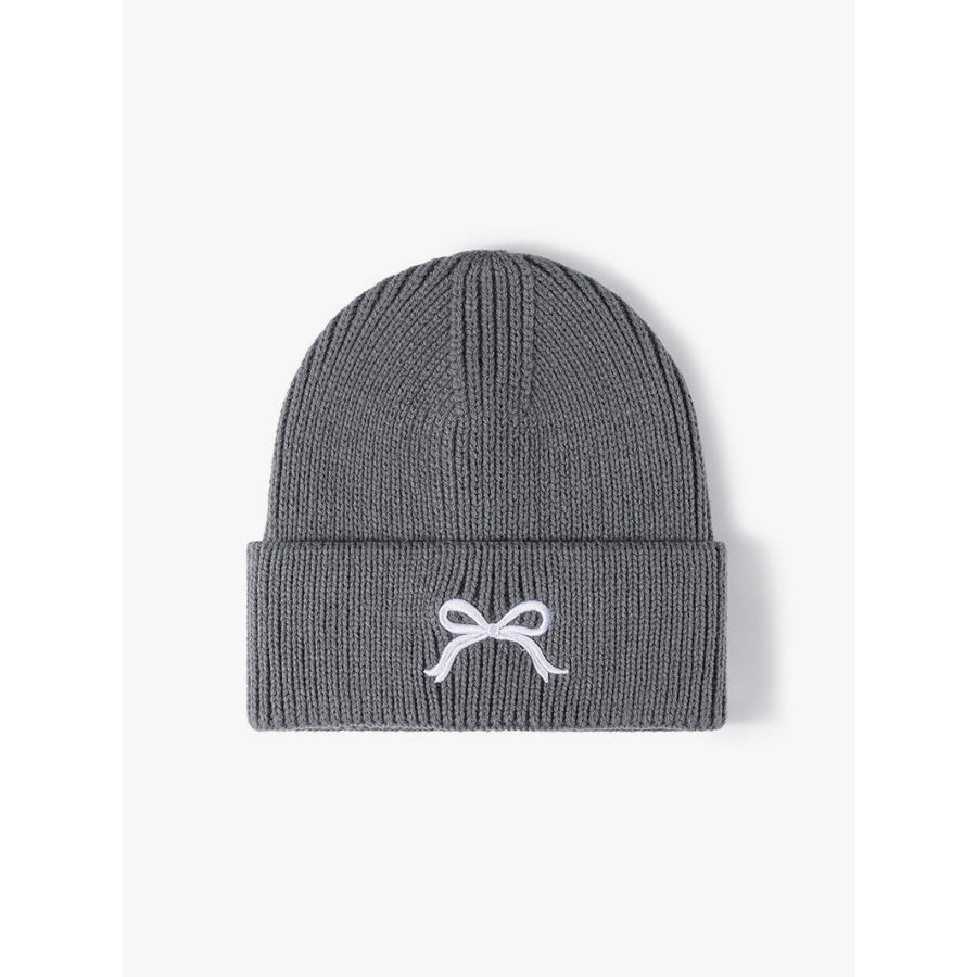 Embroidered Bow Knit Hat Gray / One Size Apparel and Accessories