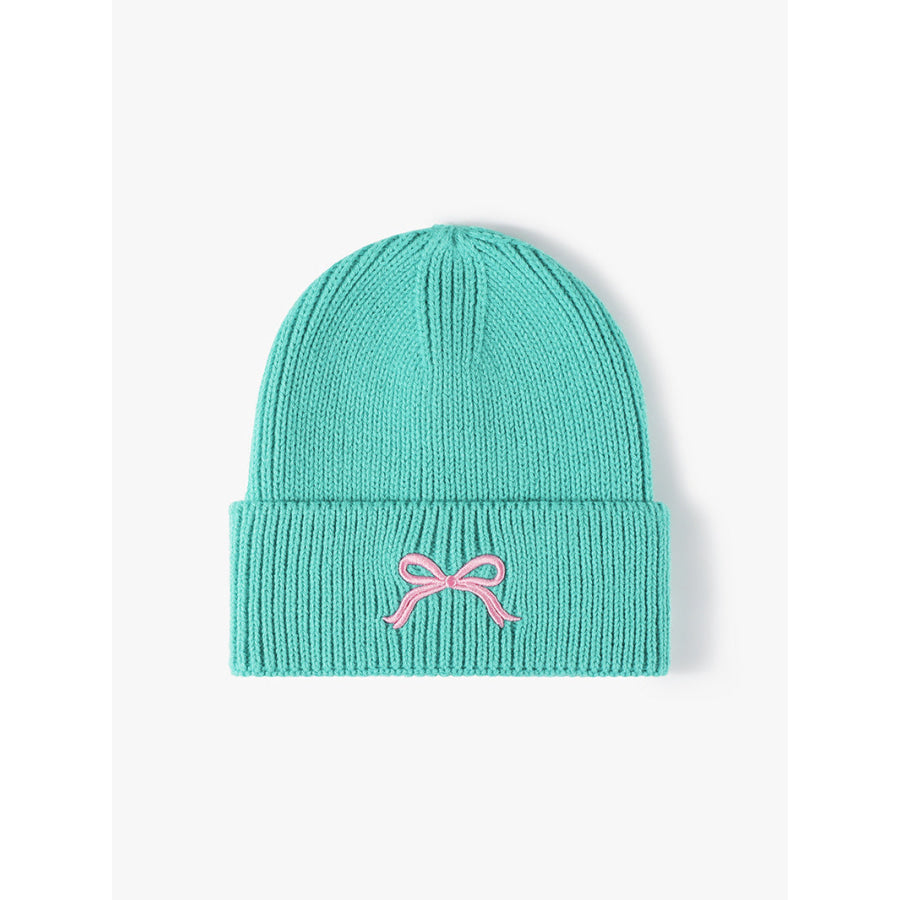 Embroidered Bow Knit Hat Teal / One Size Apparel and Accessories