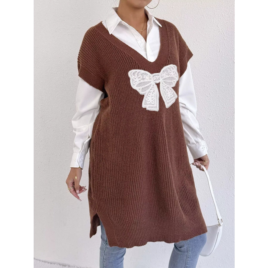 Embroidered Bow V-Neck Sweater Vest Apparel and Accessories