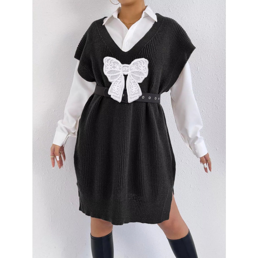Embroidered Bow V-Neck Sweater Vest Black / One Size Apparel and Accessories