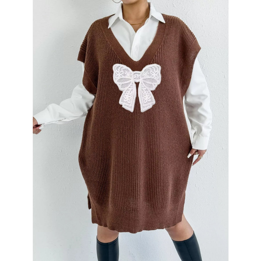 Embroidered Bow V-Neck Sweater Vest Coffee / One Size Apparel and Accessories