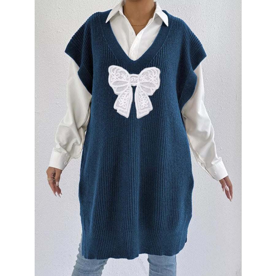 Embroidered Bow V-Neck Sweater Vest Navy Blue / One Size Apparel and Accessories