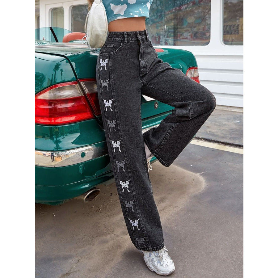 Embroidered Butterfly Jeans with Pockets Apparel and Accessories