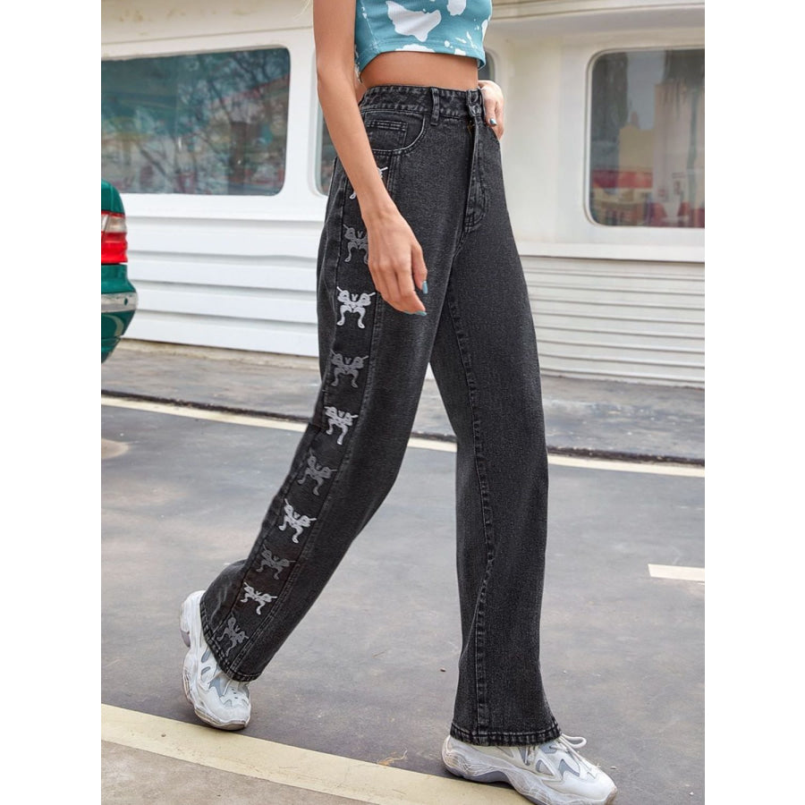 Embroidered Butterfly Jeans with Pockets Apparel and Accessories