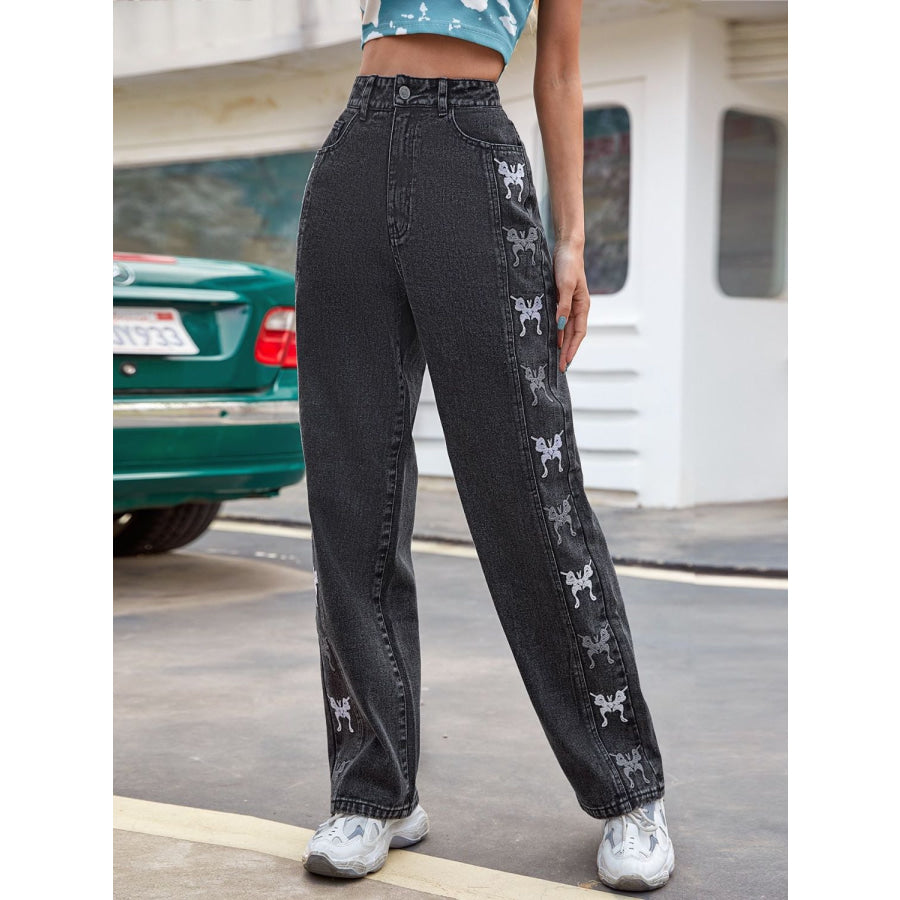 Embroidered Butterfly Jeans with Pockets Apparel and Accessories