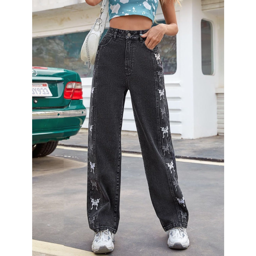 Embroidered Butterfly Jeans with Pockets Apparel and Accessories