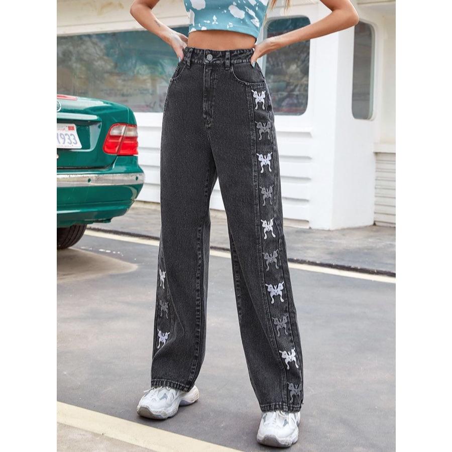 Embroidered Butterfly Jeans with Pockets Black / XS Apparel and Accessories