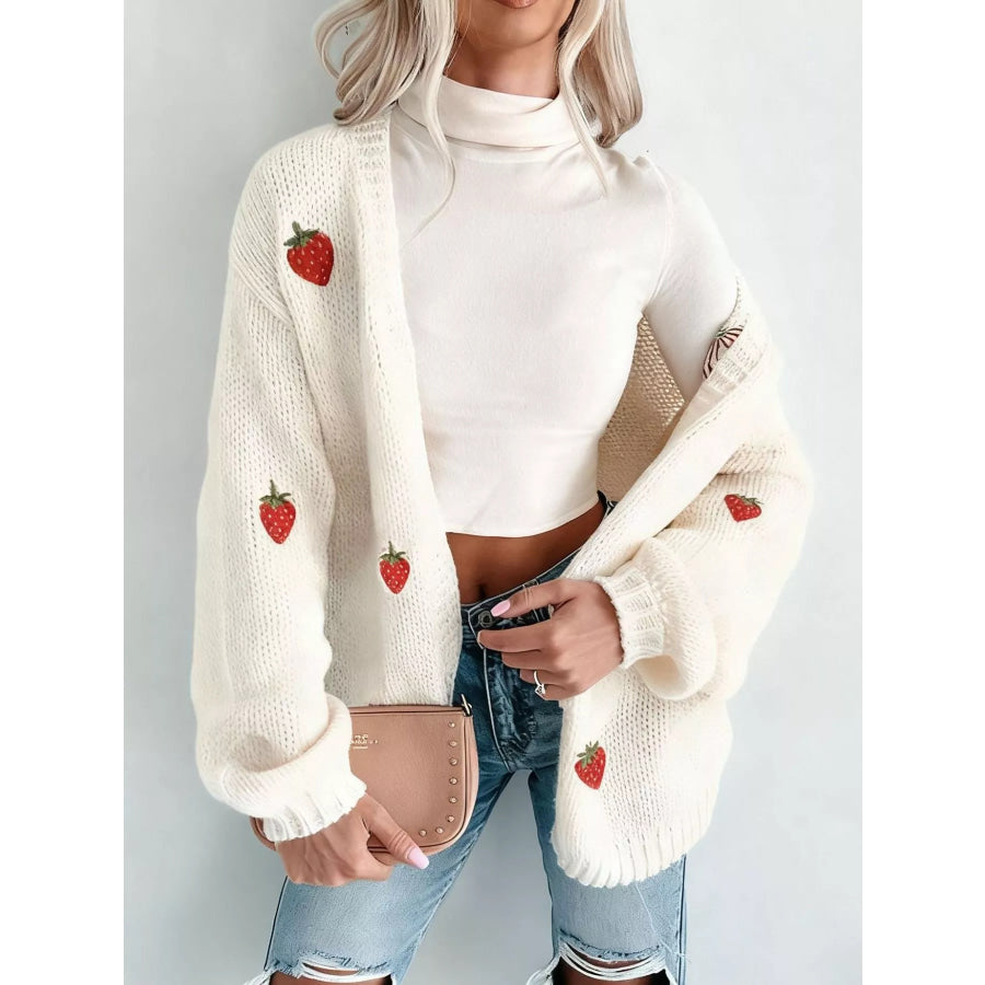 Embroidered Button Up Cardigan White Strawberry / S Apparel and Accessories
