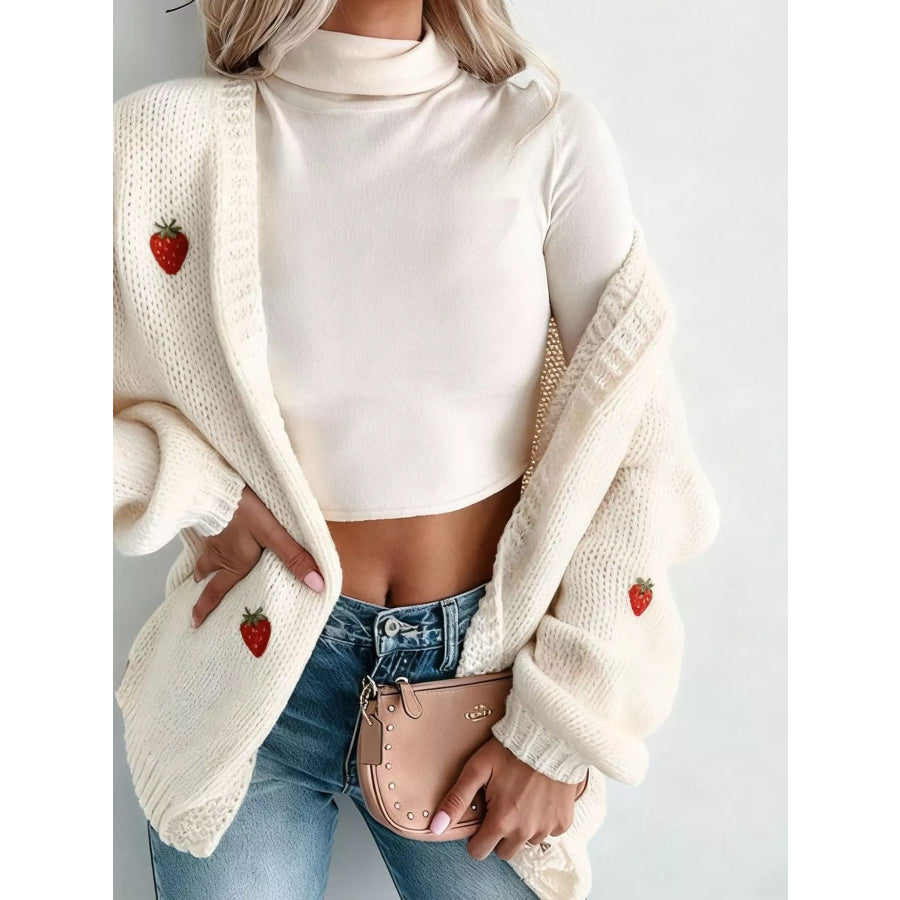 Embroidered Button Up Cardigan White Strawberry / S Apparel and Accessories