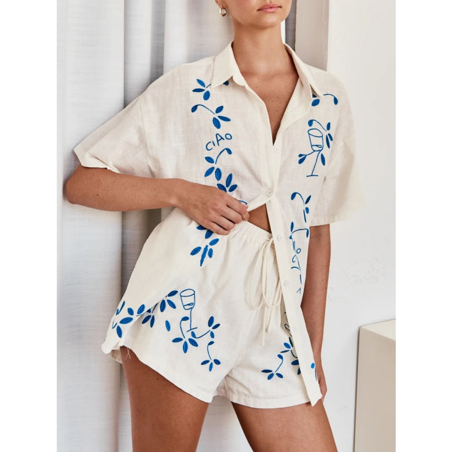 Embroidered Button Up Half Sleeve Top and Shorts Set Apparel and Accessories