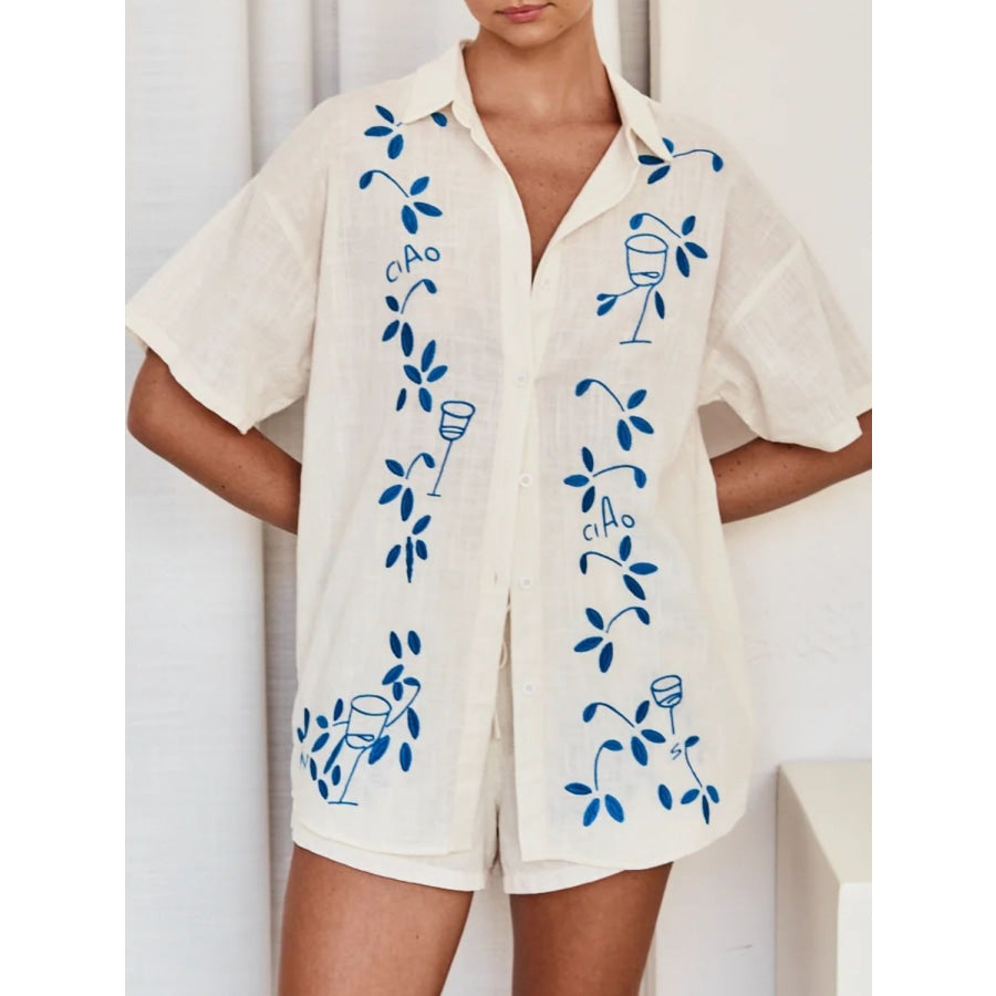 Embroidered Button Up Half Sleeve Top and Shorts Set Apparel and Accessories