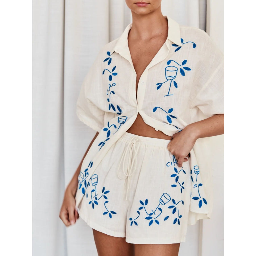 Embroidered Button Up Half Sleeve Top and Shorts Set Apparel and Accessories