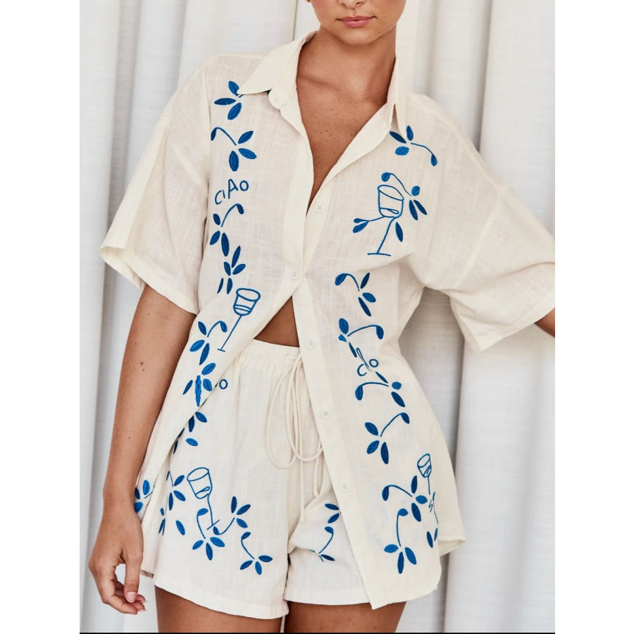 Embroidered Button Up Half Sleeve Top and Shorts Set Cream / S Apparel and Accessories