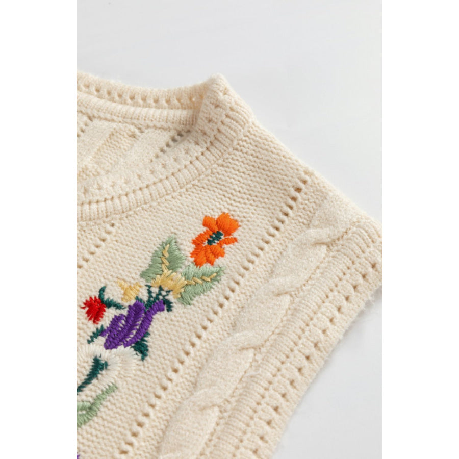 Embroidered Cable-Knit Round Neck Sweater Vest Apparel and Accessories