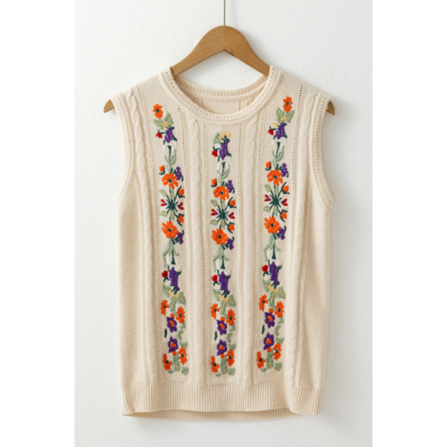 Embroidered Cable-Knit Round Neck Sweater Vest Apparel and Accessories