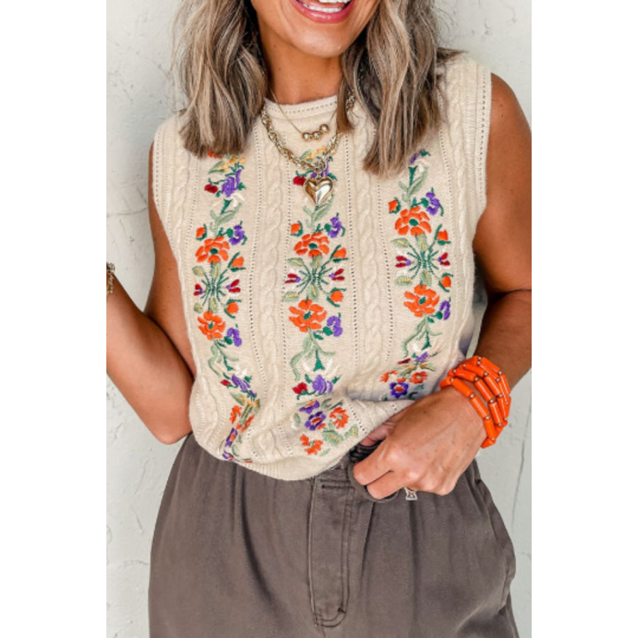 Embroidered Cable-Knit Round Neck Sweater Vest Apparel and Accessories