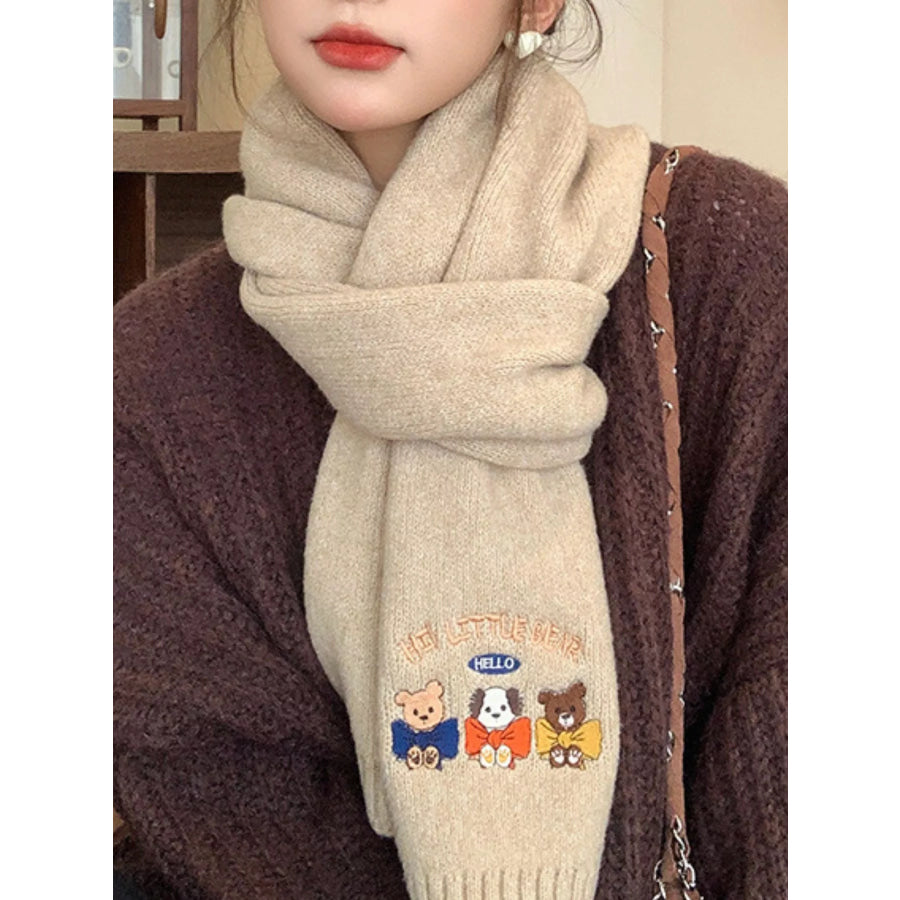 Embroidered Cartoon Warm Scarf Beige / One Size Apparel and Accessories